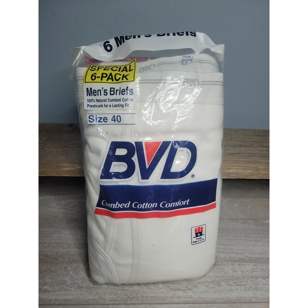 Vintage 1986 BVD 6 Pack Men's Briefs 100% Made In USA Cotton Size 40 NOS